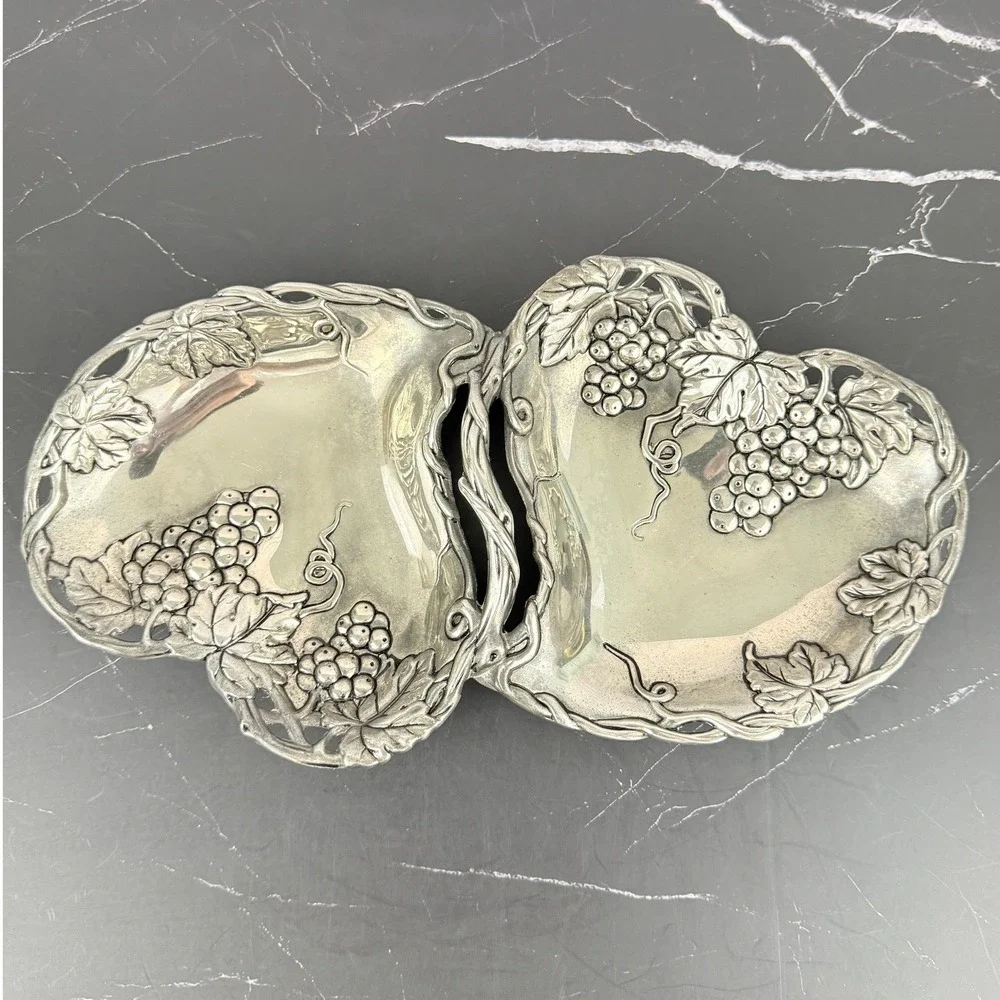 VTG Godinger Silverplate Double Heart Grapevine Trinket Jewelry Candy Dish 10X6